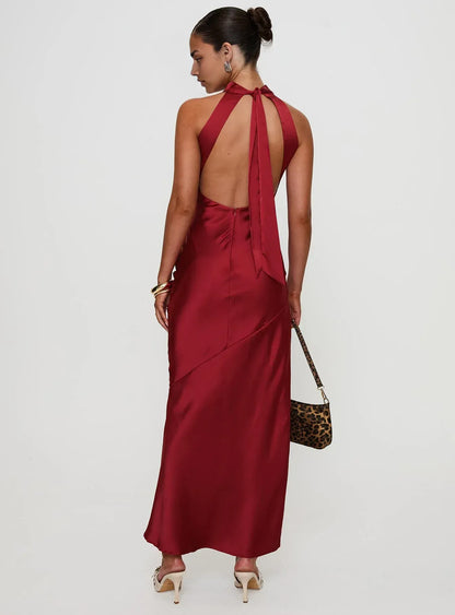 Slate Blue Satin Halter Neck Backless Maxi Dress with Side Slit Prom Dresses