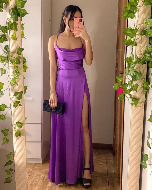 Sleek A-Line Cowl Neck Sleeveless Satin Maxi Prom Dress