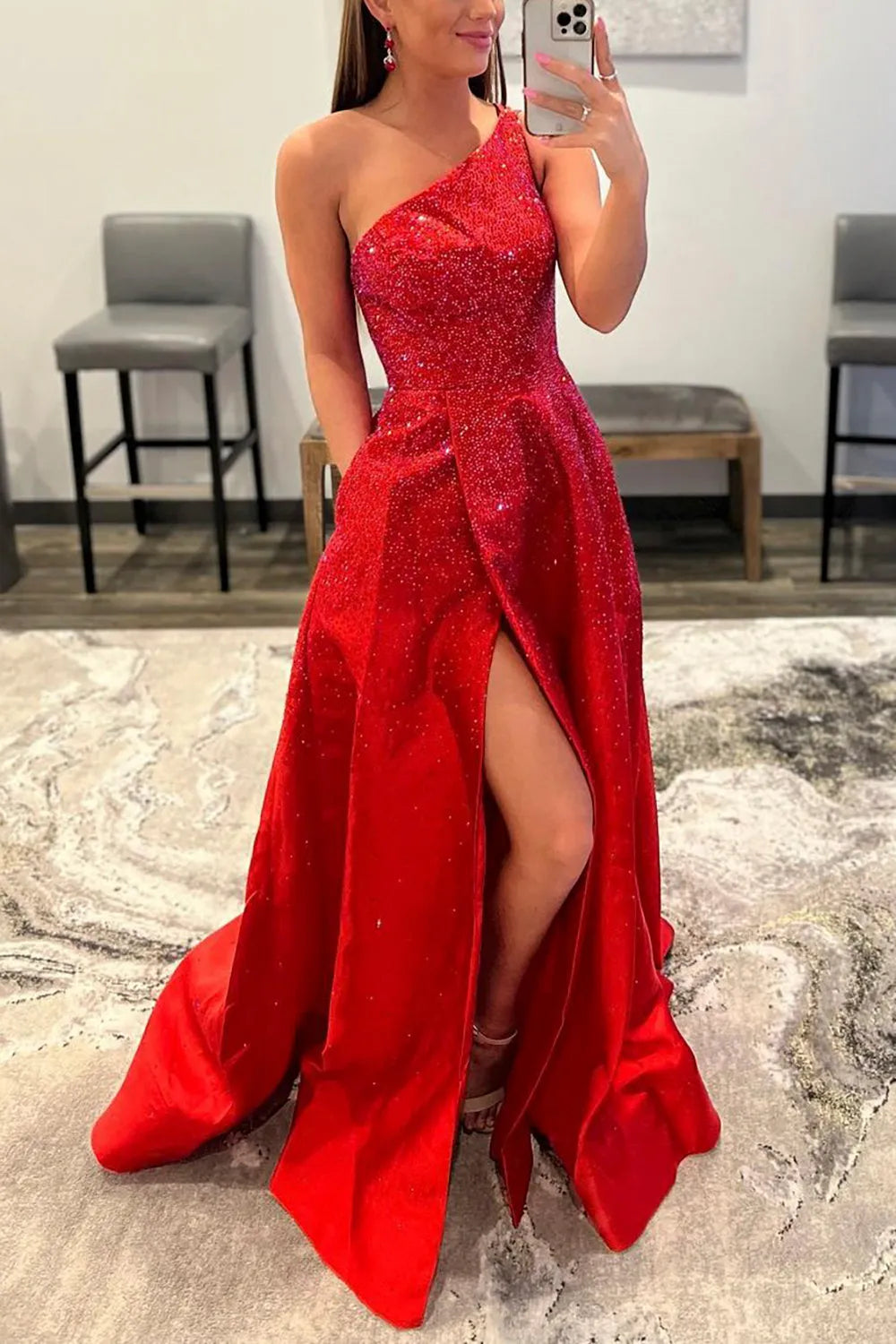 Sleeveless Backless Floor Length Red One Shoulder Prom Dress with Slit