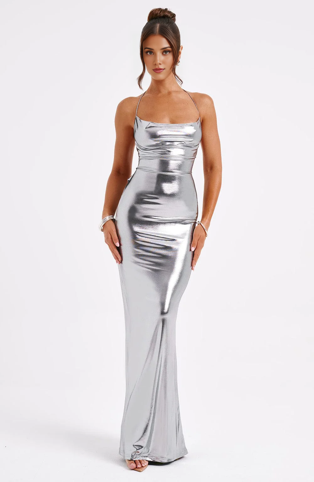 Sleeveless Backless Maxi Dress Women's Shiny Spaghetti Strap Bodycon Maxi Dresses Sexy Glitter Metallic Prom Dress/Formal Wear Dresses