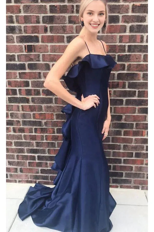 Sleeveless Backless Satin Evening Dresses With Ruffles Spaghetti Straps