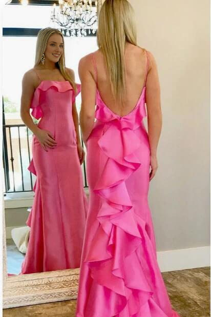 Sleeveless Backless Satin Evening Dresses With Ruffles Spaghetti Straps
