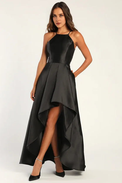 Formal Women's Dresses A-line Elegant Sleeveless Black High-Low Gown Prom Dress Shops ﻿