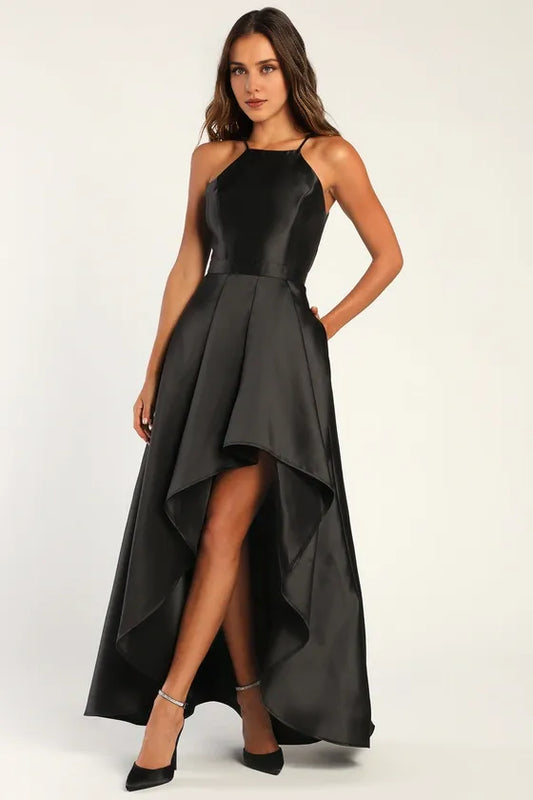 Formal Women's Dresses A-line Elegant Sleeveless Black High-Low Gown Prom Dress Shops ﻿