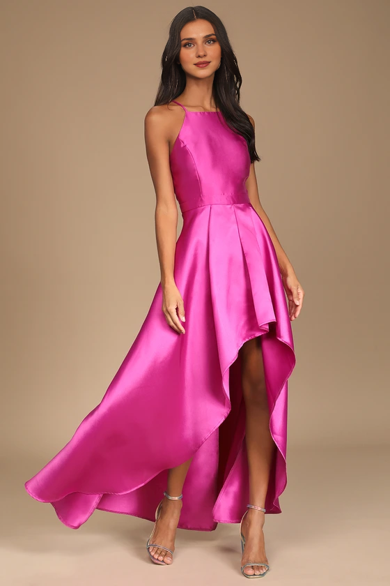 Formal Women's Dresses A-line Elegant Sleeveless Black High-Low Gown Prom Dress Shops ﻿