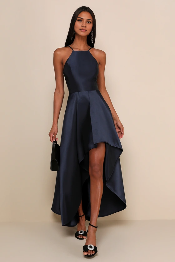 Formal Women's Dresses A-line Elegant Sleeveless Navy Blue High-Low Gown Prom Dress Shops ﻿
