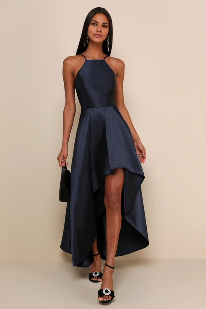Formal Women's Dresses A-line Elegant Sleeveless Navy Blue High-Low Gown Prom Dress Shops ﻿
