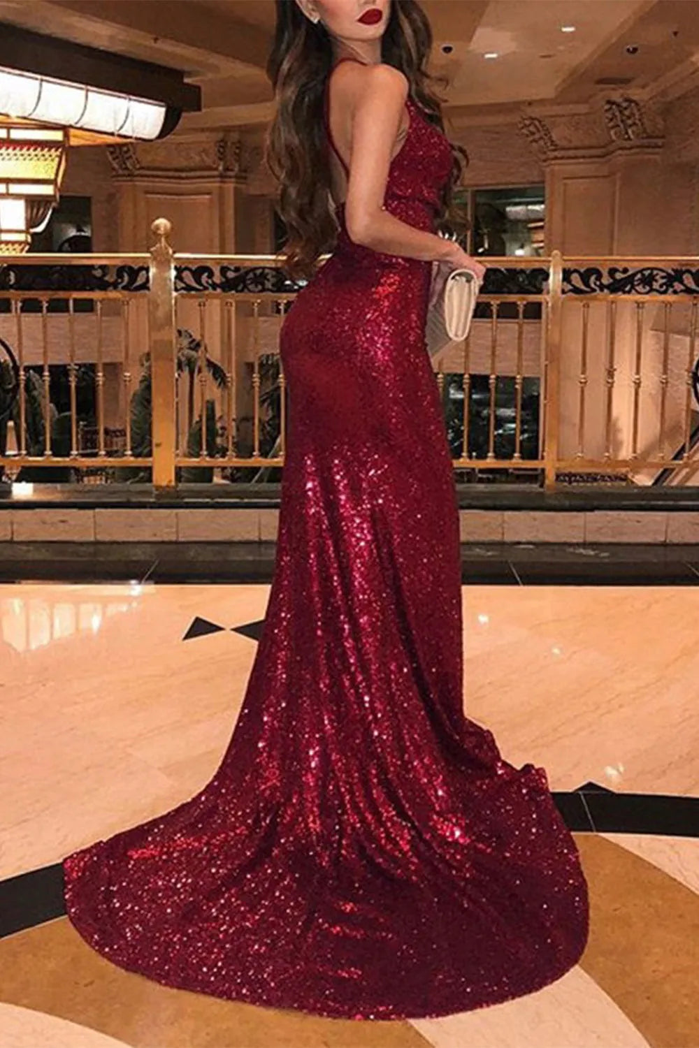 Sleeveless Burgundy Mermaid Halter Backless Sequins Train Prom Dress With Hight Slit