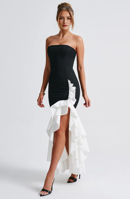 Sleeveless Chic Long Mermaid Prom Dresses with Slit Strapless Formal Evening Gown Ruffle Wedding Party Dresses