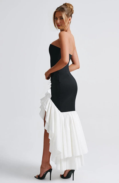Sleeveless Chic Long Mermaid Prom Dresses with Slit Strapless Formal Evening Gown Ruffle Wedding Party Dresses