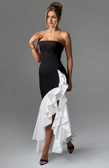 Sleeveless Chic Long Mermaid Prom Dresses with Slit Strapless Formal Evening Gown Ruffle Wedding Party Dresses
