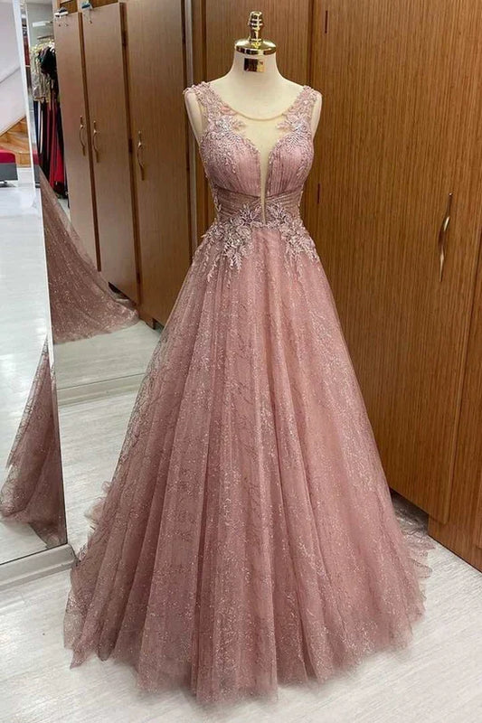 Sleeveless Dusky Pink Floral Lace Sheer Straps A-Line Prom Dress