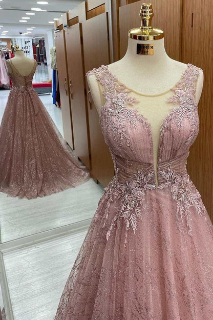 Sleeveless Dusky Pink Floral Lace Sheer Straps A-Line Prom Dress