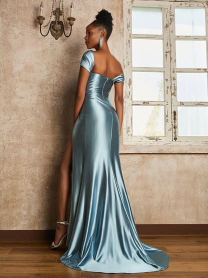 Sleeveless Floor Length One Shoulder Long Dress with Shoulder Ruched Dusty Blue