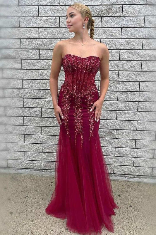 Sleeveless Floor Length Tulle Beaded Strapless Mermaid Prom Dress