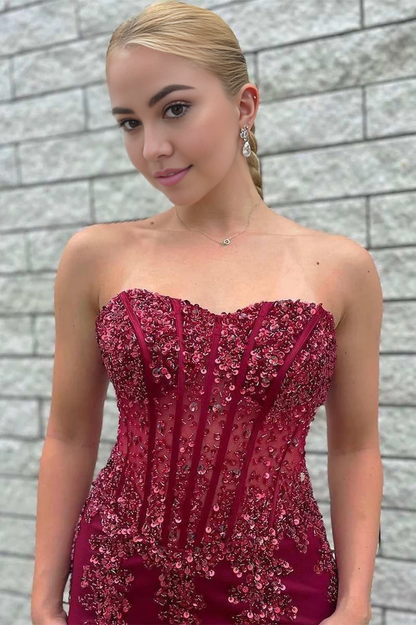 Sleeveless Floor Length Tulle Beaded Strapless Mermaid Prom Dress