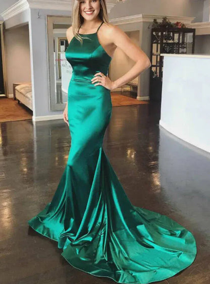 Sleeveless Lace Up Satin Halter Evening Dresses Mermaid Crossed Straps Back With Train