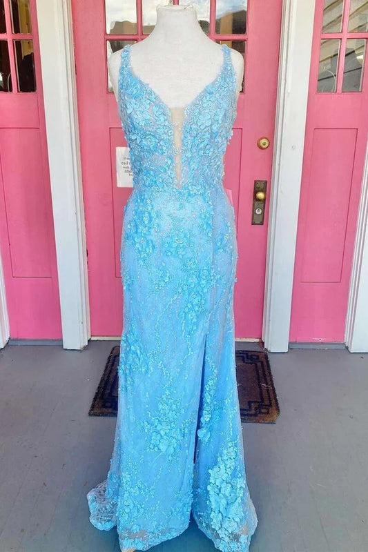 Sleeveless Light Blue 3D Floral Lace Lace-Up Back Long Prom Dress With Slit