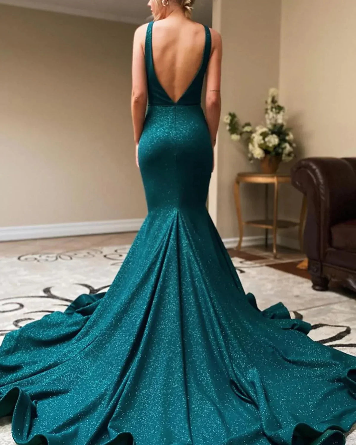 Sleeveless Long Mermaid Backless Sequin Train Evening Dresses Deep V Neck With Split