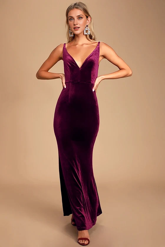 Formal Women's Dresses Plum Purple V Neck Velvet Sleeveless Mermaid Maxi Dress Prom Dress Stores