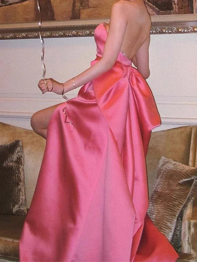 Sleeveless Off-the-Shoulder Backless Strapless Pink Slit Prom Dress With Bow