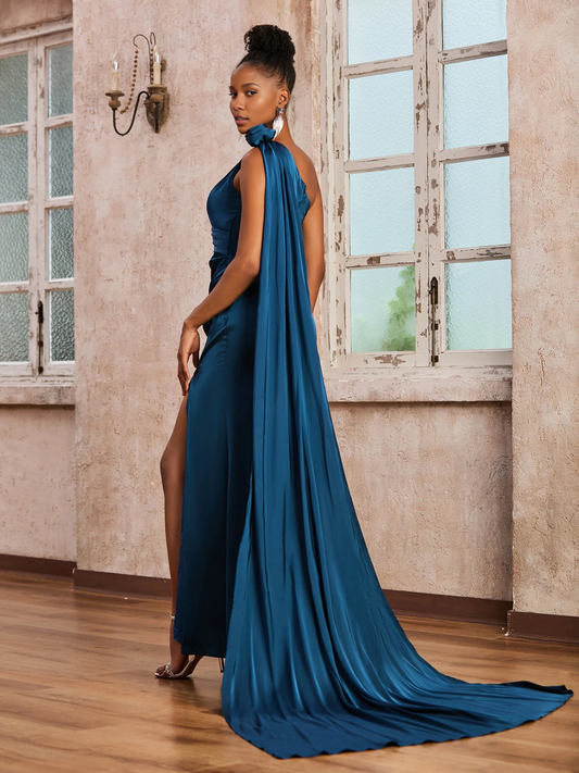 Sleeveless One Shoulder Floor-length Evening Dress With Ribbons Ink Blue