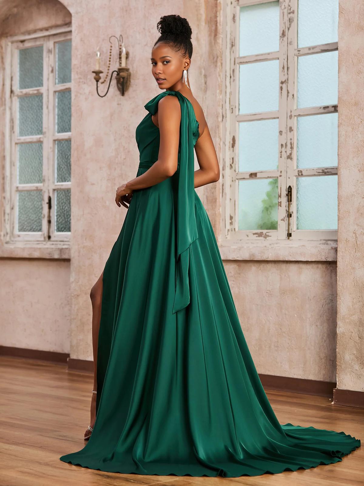 Sleeveless One Shoulder Ruched Slit A-line Long Evening Dress With Ribbons