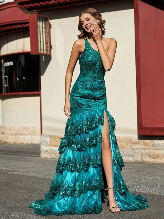 Sleeveless One Shoulder Ruffle Tiered Tulle Evening Gown Dark Green With Slit