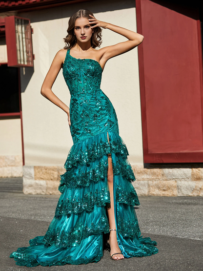 Sleeveless One Shoulder Ruffle Tiered Tulle Evening Gown Dark Green With Slit