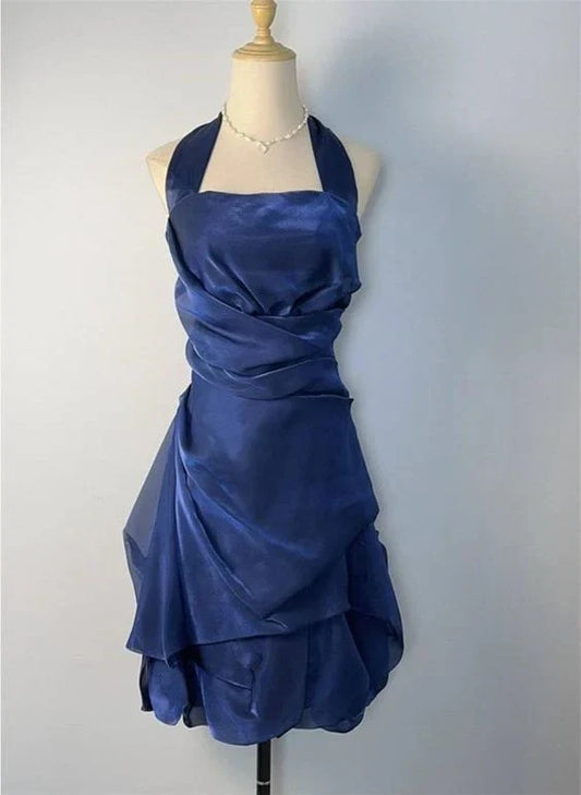 Sleeveless Pleated Blue Short Halter Homecoming Dress Party Dress