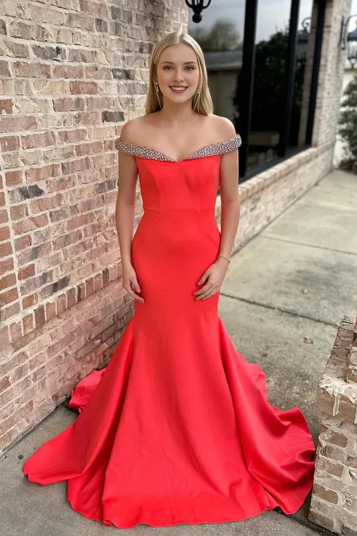 Sleeveless Red Satin Mermaid Off the Shoulder Prom Dresses With Train
