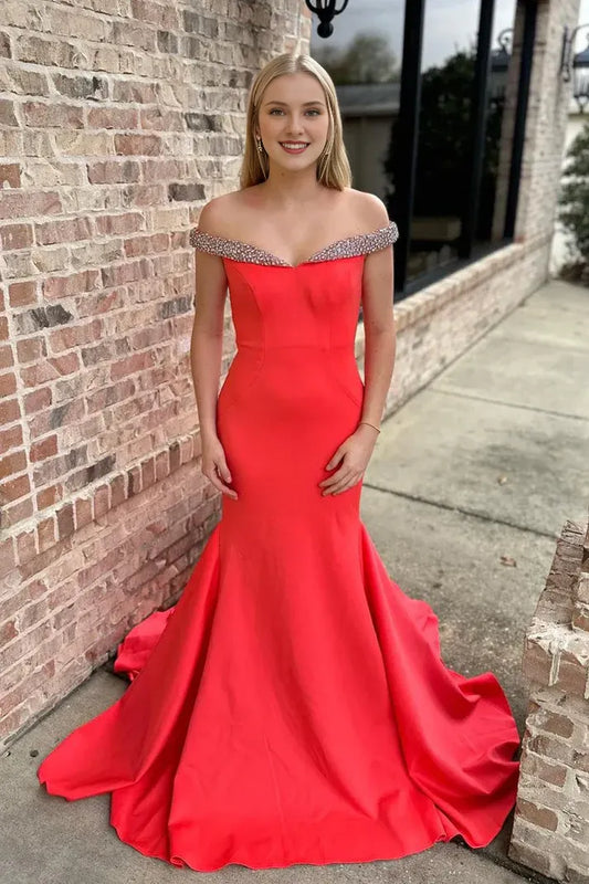 Sleeveless Red Satin Mermaid Off the Shoulder Prom Dresses With Train