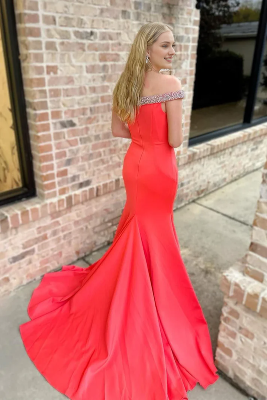 Sleeveless Red Satin Mermaid Off the Shoulder Prom Dresses With Train