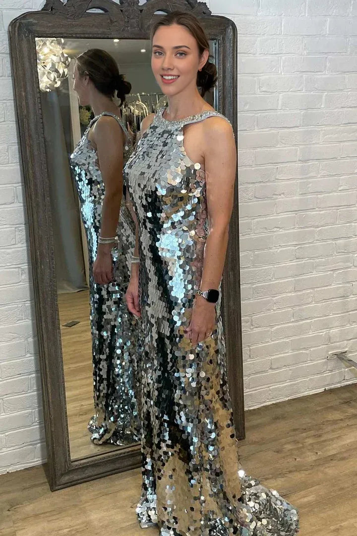 Sleeveless Silver Sequin Halter Backless Mermaid Long Prom Dress