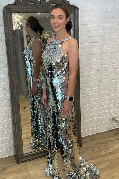 Sleeveless Silver Sequin Halter Backless Mermaid Long Prom Dress