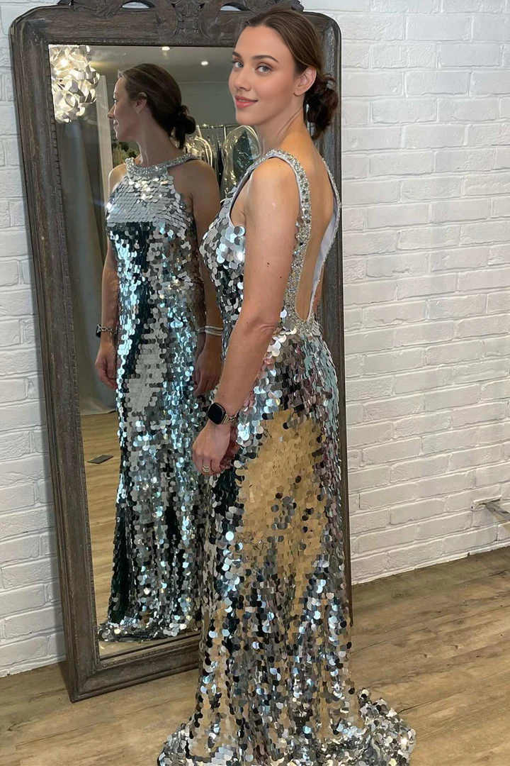 Sleeveless Silver Sequin Halter Backless Mermaid Long Prom Dress