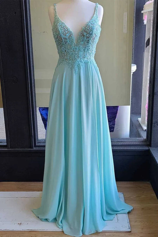 Sleeveless V Neck Embroidered Chiffon Floor Length Prom Dress