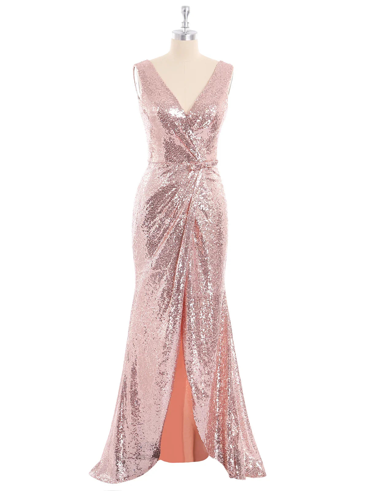 Sleeveless V Neck Floor Length Backless Sequins Party Dress Rose Gold
