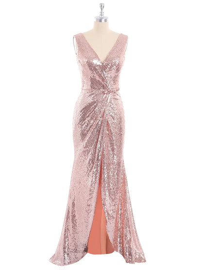 Sleeveless V Neck Floor Length Backless Sequins Party Dress Rose Gold