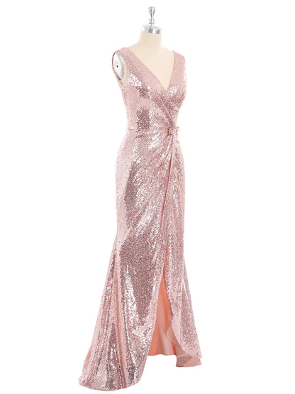 Sleeveless V Neck Floor Length Backless Sequins Party Dress Rose Gold