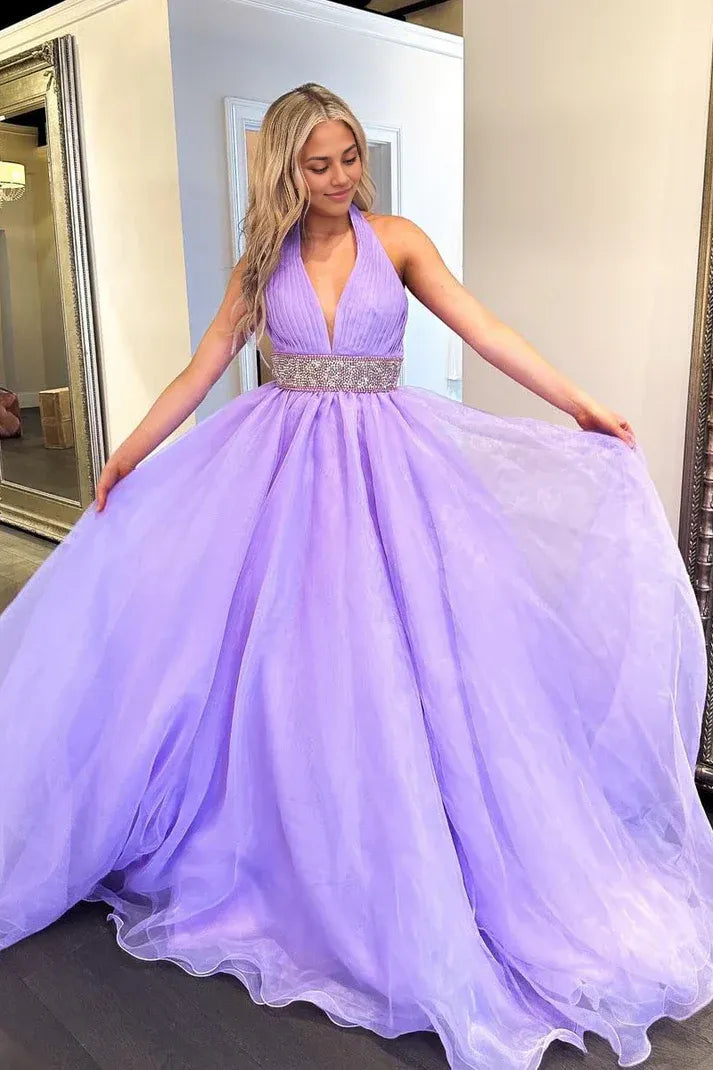 Sleeveless V Neck Off Shoulder A-Line Halter Lilac Long Prom Dresses