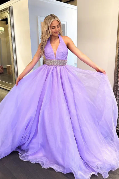 Sleeveless V Neck Off Shoulder A-Line Halter Lilac Long Prom Dresses