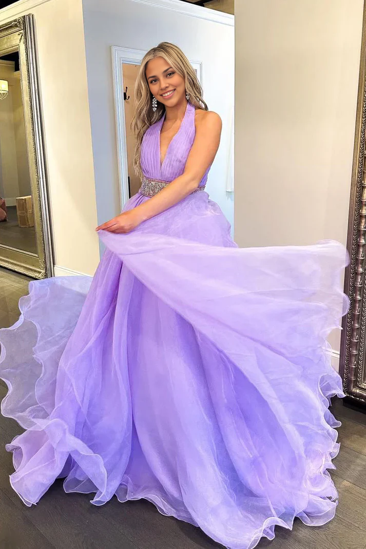 Sleeveless V Neck Off Shoulder A-Line Halter Lilac Long Prom Dresses