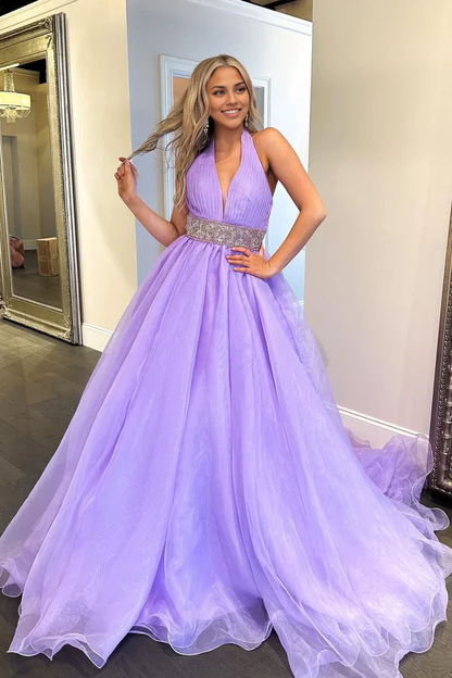 Sleeveless V Neck Off Shoulder A-Line Halter Lilac Long Prom Dresses