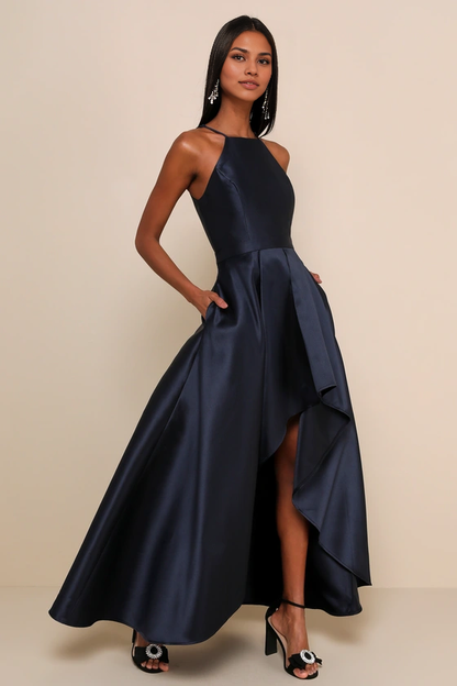 Formal Women's Dresses A-line Elegant Sleeveless Navy Blue High-Low Gown Prom Dress Shops ﻿