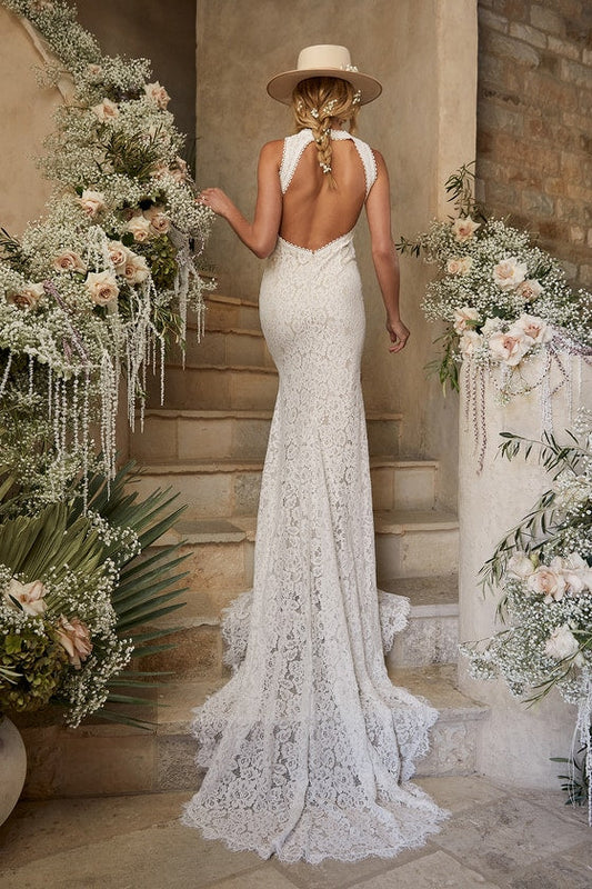 Sleeveless Love Everlasting White Floral Lace Mermaid Backless Wedding Gown With Train