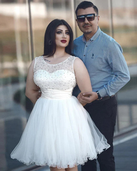 Sleeveless Tulle Short Pearl Beaded Ruffles Homecoming Prom Wedding Dresses