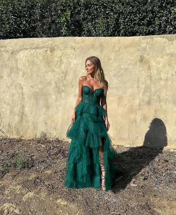 Formal Women's Dresses Sweetheart Tulle Tiered Hunter Green Slit Long Prom Dress Party Dress Prom Dresses Stores