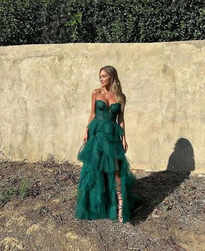 Formal Women's Dresses Sweetheart Tulle Tiered Hunter Green Slit Long Prom Dress Party Dress Prom Dresses Stores