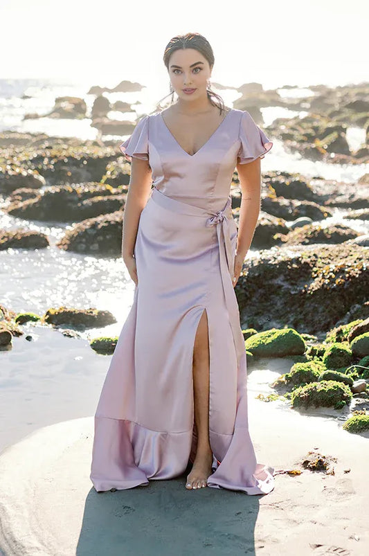 Solid Color A-Line V Neck Flutter Sleeve Satin Floor-Length Plus Size Prom Dress